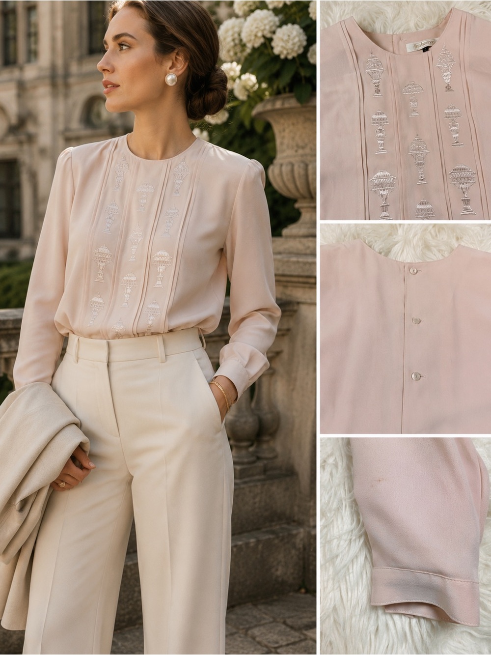 Vintage Burberry Embroidered Silk Blend Blouse Pale Pink Lantern Motif Top Sz 7